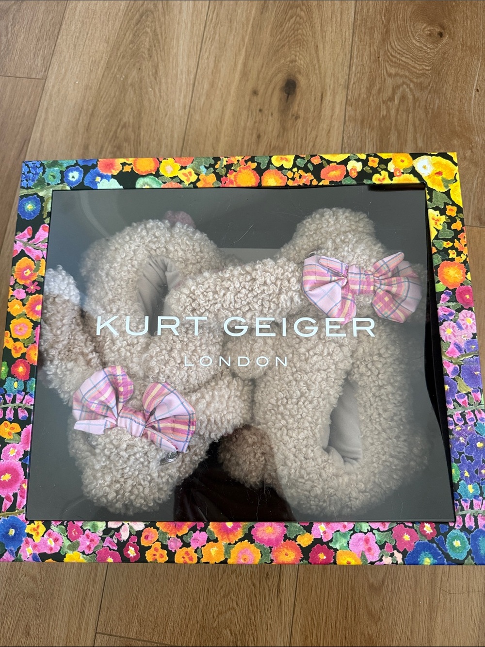 Kurt Geiger Kids Cream Teddy Slippers with Pink Plaid Bows
